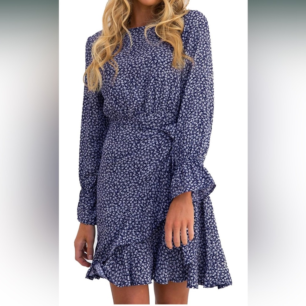 Size M Polka Dot Floral Dress Long Sleeve Fishtail Ruffle Hem